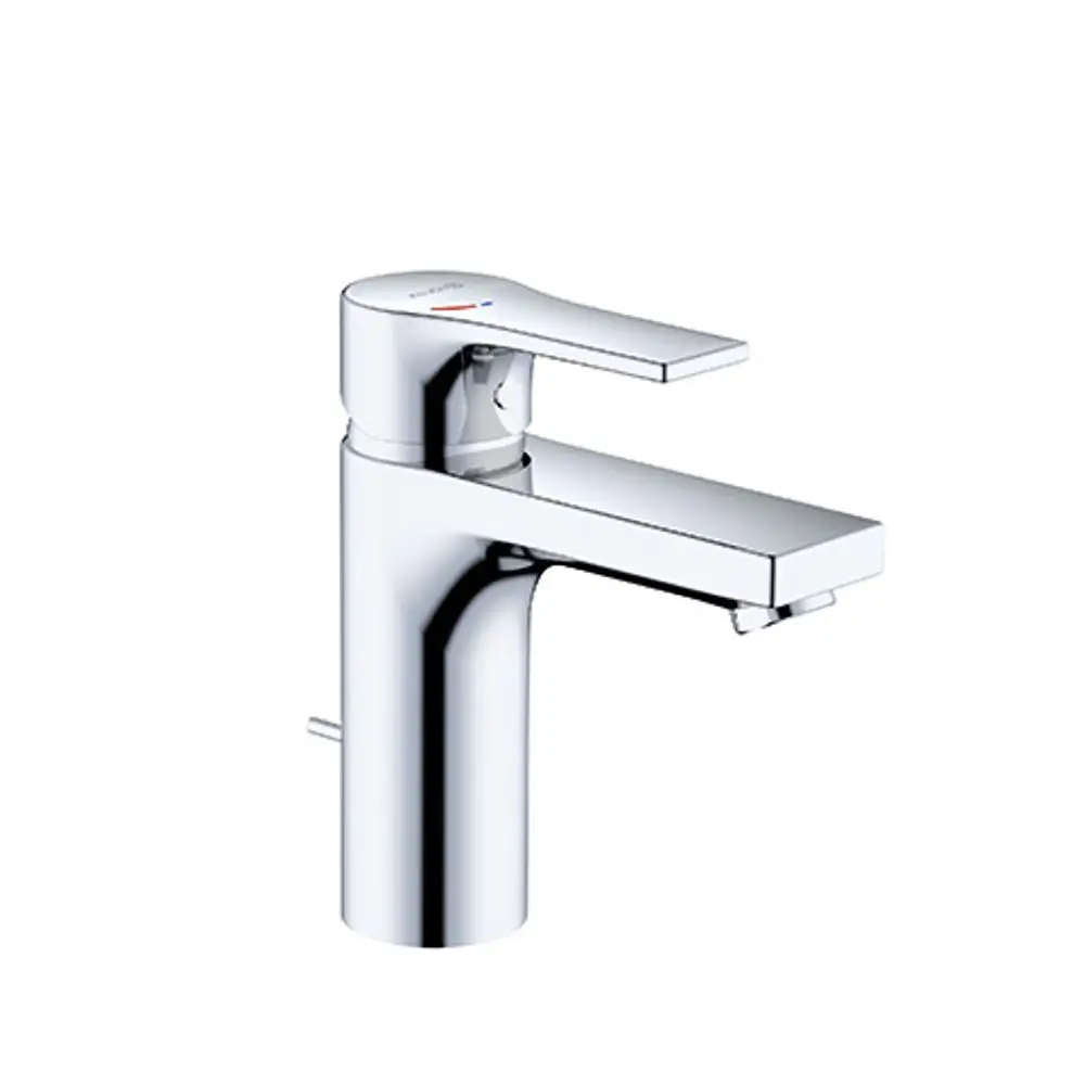 Chromfarbener Wasserhahn von Kludi mit einem schmalen, flachen Hebel und einem seitlichen Auslauf, geeignet für Waschtische.